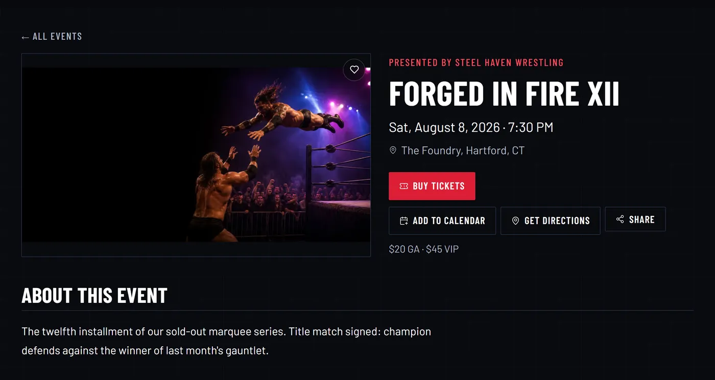 Forged in Fire XII event page on WrestleLink — presented by Steel Haven Wrestling, with date, venue and Buy Tickets