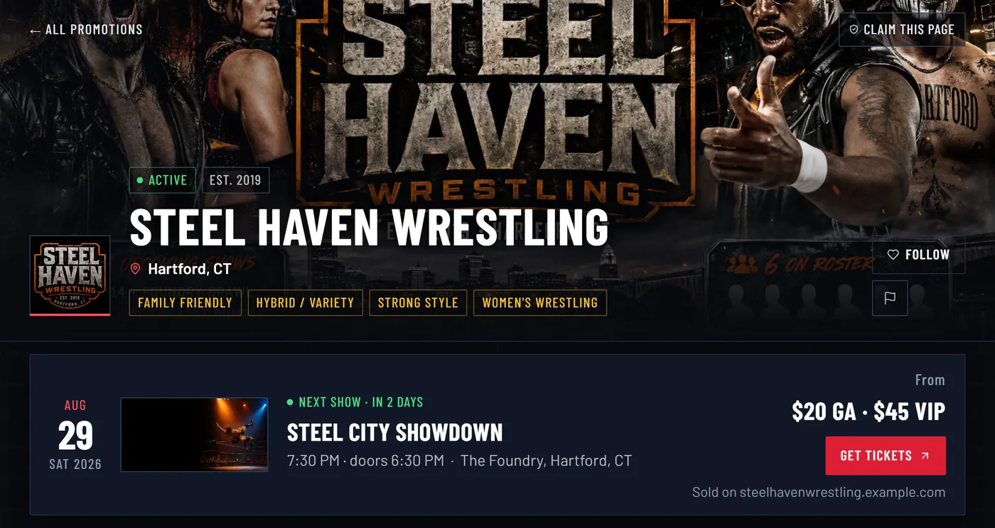 Steel Haven Wrestling's WrestleLink promotion page — cinematic hero, style tags, roster and the next show with ticket pricing